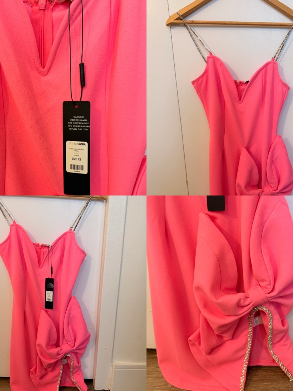 Fashion Nova Hot Pink Mini Dress with Bow & Rhinestone Straps